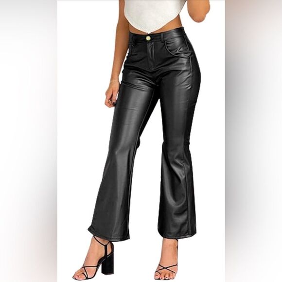 Women's Faux Leather Pants Mid Waist Flare Leggings with Pockets (160) - Picture 1 of 7